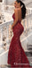 Red Spaghetti Strap Lace Sexy Mermaid Long Cheap Prom Dresses, TYP1785