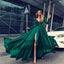 sexy v-neck prom dress long sleeve high slit evening dress dark green prom gowns, TYP0422