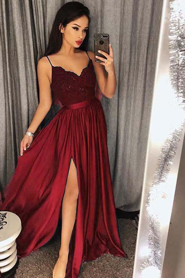 Spaghetti Strap Prom Dresses Long Lace V Neck Maxi High Split Evening Ball Gowns 2019, TYP1224