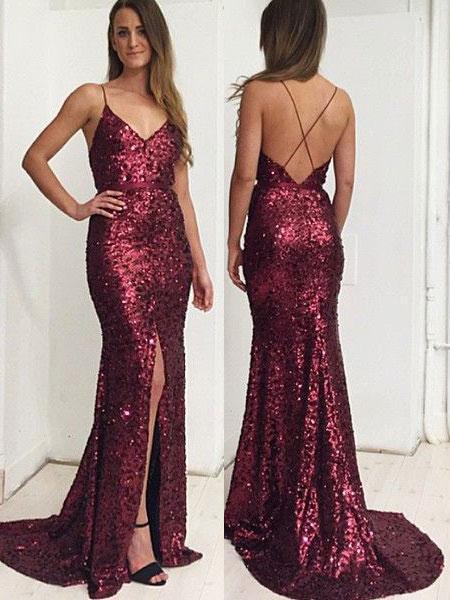 Gold Mermaid Prom Dresses with Slit Backless Formal Dresses, TYP1230