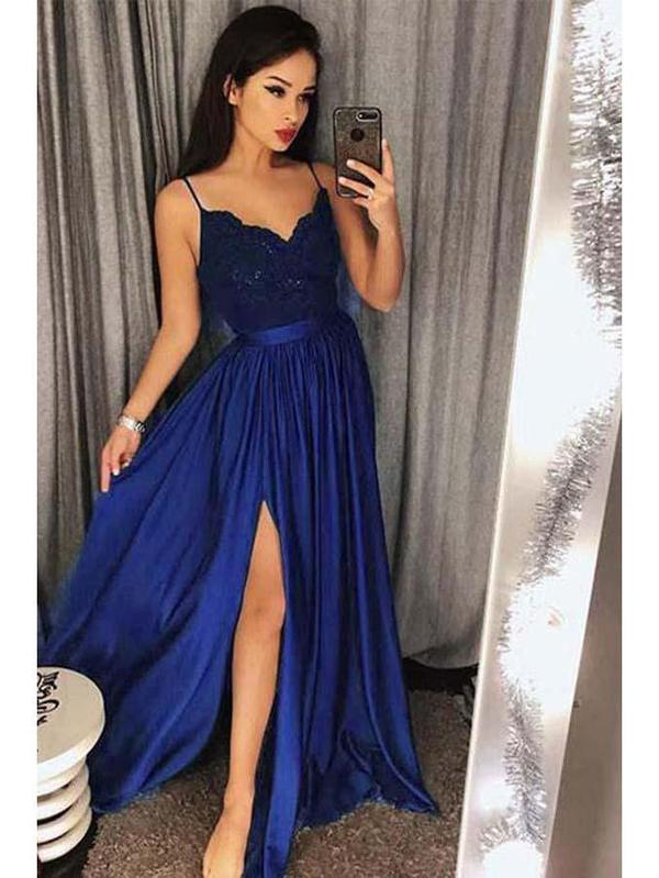 Spaghetti Strap Prom Dresses Long Lace V Neck Maxi High Split Evening Ball Gowns 2019, TYP1224