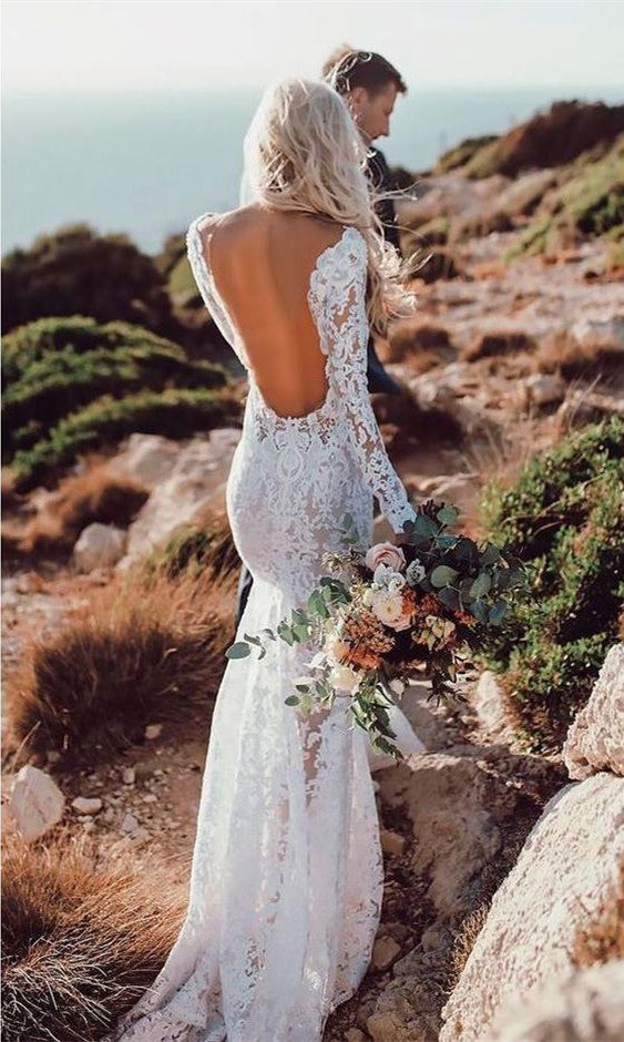 See Through Lace Rustic Wedding Dresses Long Sleeve Mermaid Wedding Dresses, TYP1212