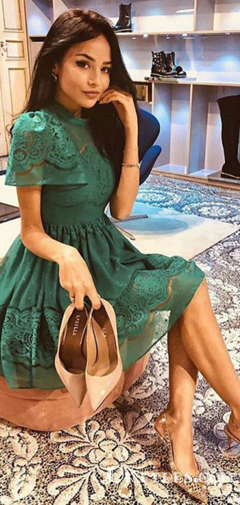 A-Line High Neck Short Sleeves Green Lace Homecoming Dresses, TYP2016