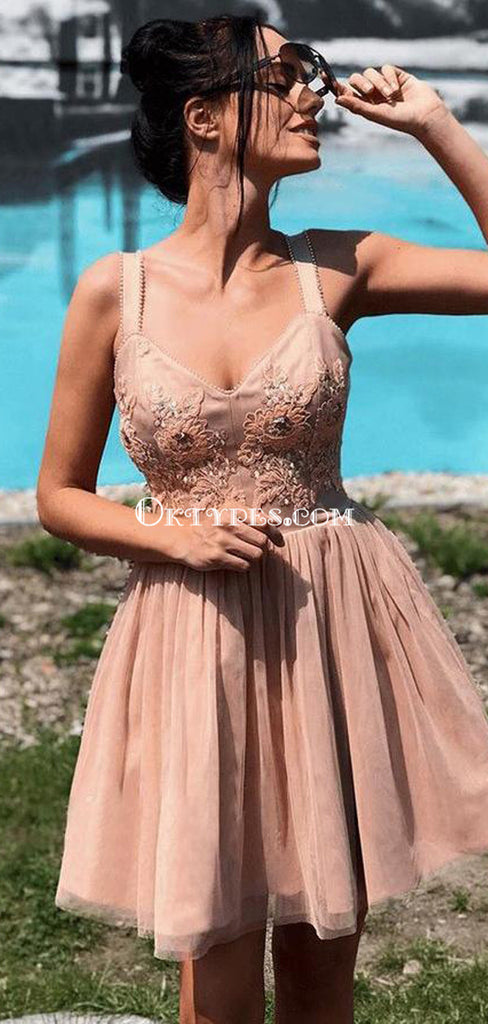 Pink spaghetti Strap Short Cheap Beaded Homecoming Dresses Online, TYP1150