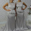 Elegant Scalloped-Edge Sweep Train Sheath Silver Bridesmaid Dress Lace Top with Bow Sash, TYP0934