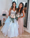 Pink Tulle with Silver Sequins Top Long Cheap Bridesmaid Dresses, TYP1801