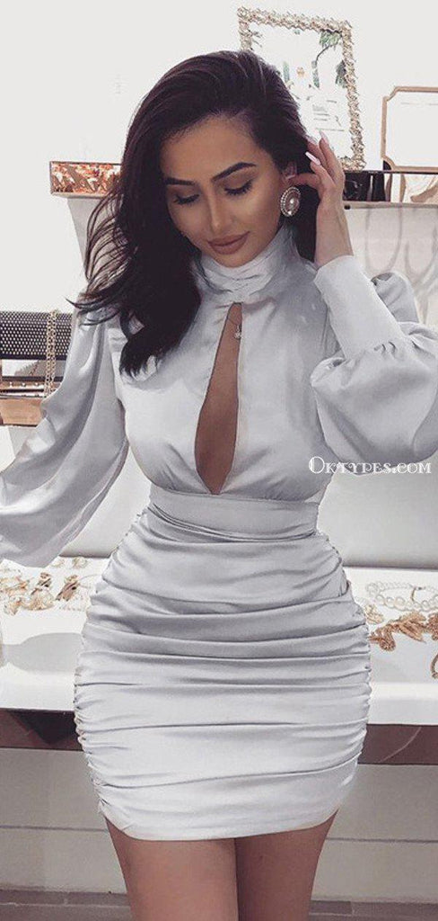 Sexy High Neck Open Chest Long Sleeves Silver Cheap Short Homecoming Dresses, HDS0003