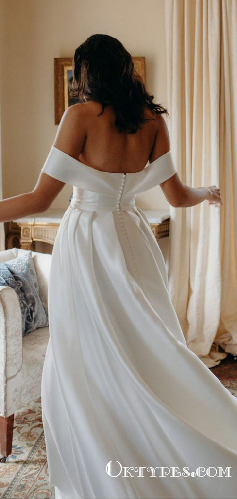 Elegant Off Shoulder Satin Long Cheap Ball Gown Wedding Dresses, TYP1984