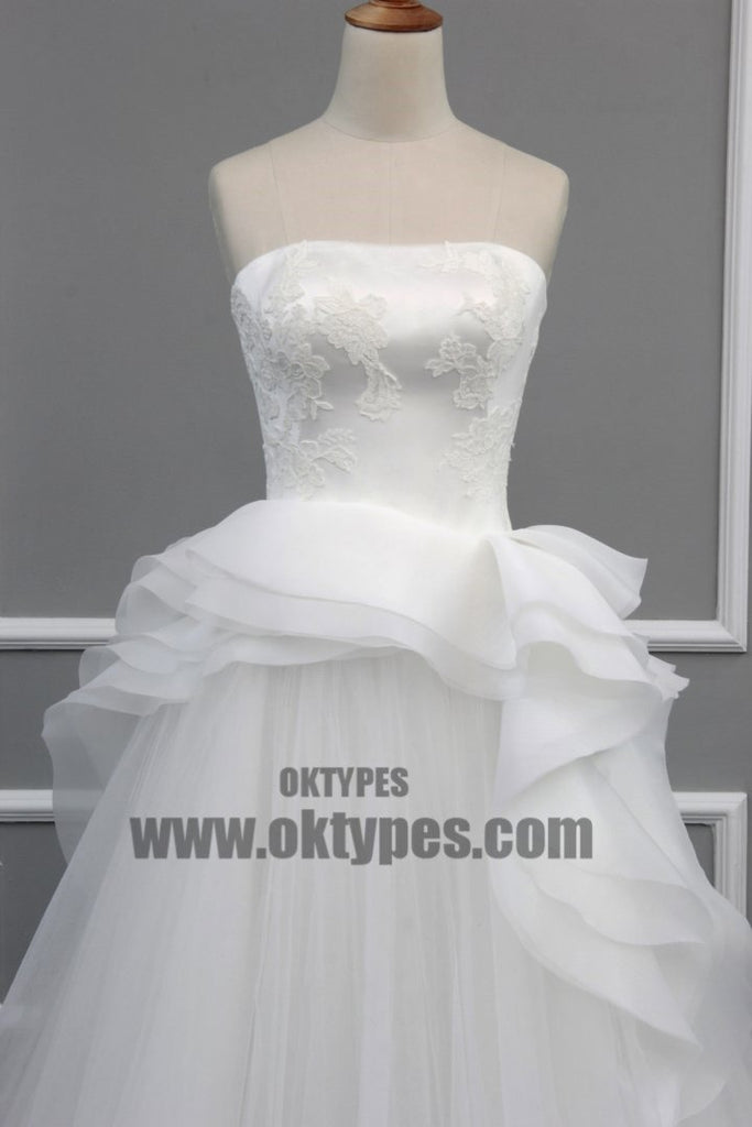 Straight Neckline Off White Lace Top A-line Tulle Gorgeous Lace Up Wedding Dresses, TYP0600