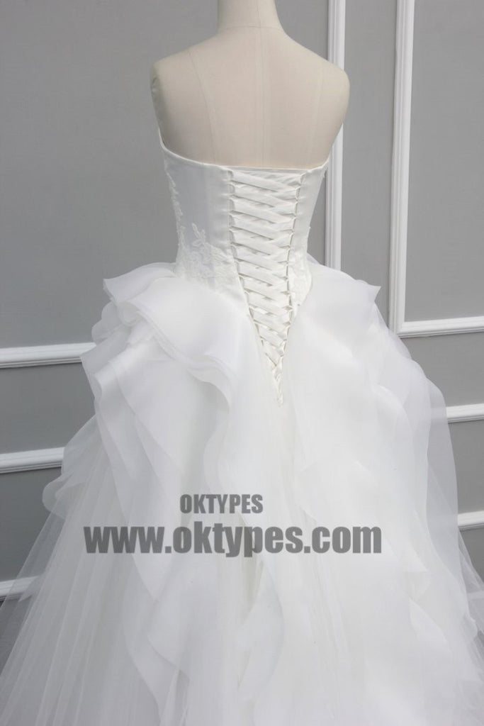 Straight Neckline Off White Lace Top A-line Tulle Gorgeous Lace Up Wedding Dresses, TYP0600