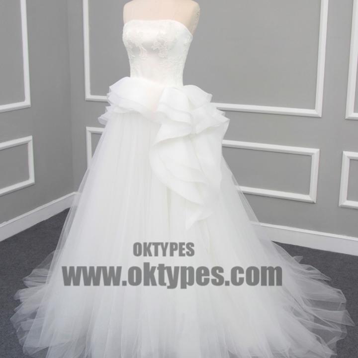 Straight Neckline Off White Lace Top A-line Tulle Gorgeous Lace Up Wedding Dresses, TYP0600