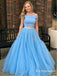 Two Piece Off-the-Shoulder Blue Sweep Train Prom Dresses with Beading, TYP1869