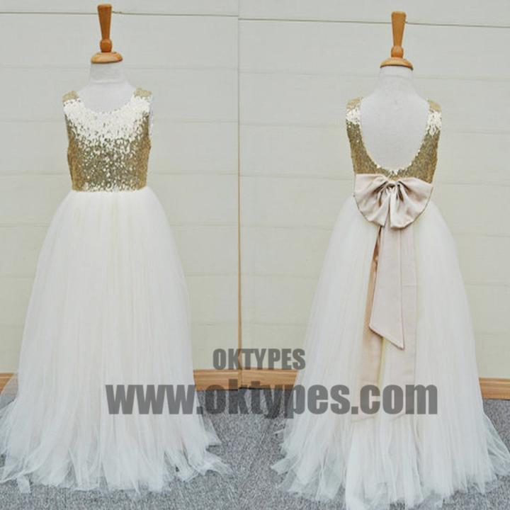 Gold Sequin Top White Tulle Cute Flower Girl Dresses For Wedding Party, TYP0521