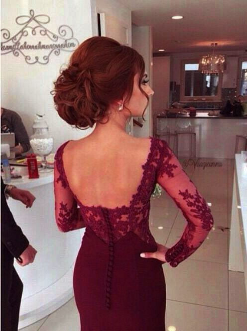 Mermaid Square Long Cheap Long Sleeves Burgundy Prom Dresses with Appliques, TYP1334