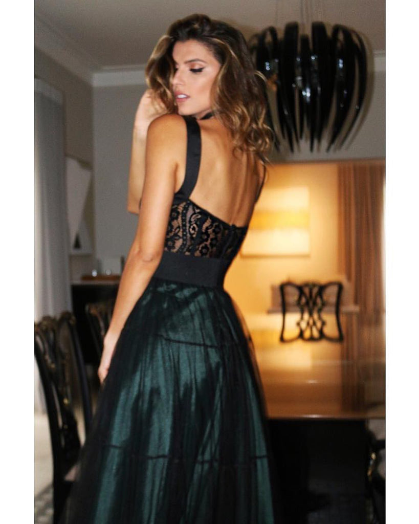 A-Line Spaghetti Straps Dark Green Long Prom Dresses with Lace, TYP1655