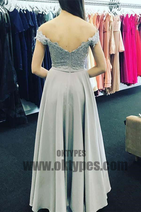 A-Line Off-Shoulder Open Back Sweetheart Grey Chiffon Prom Dresses  with Appliques, TYP0464