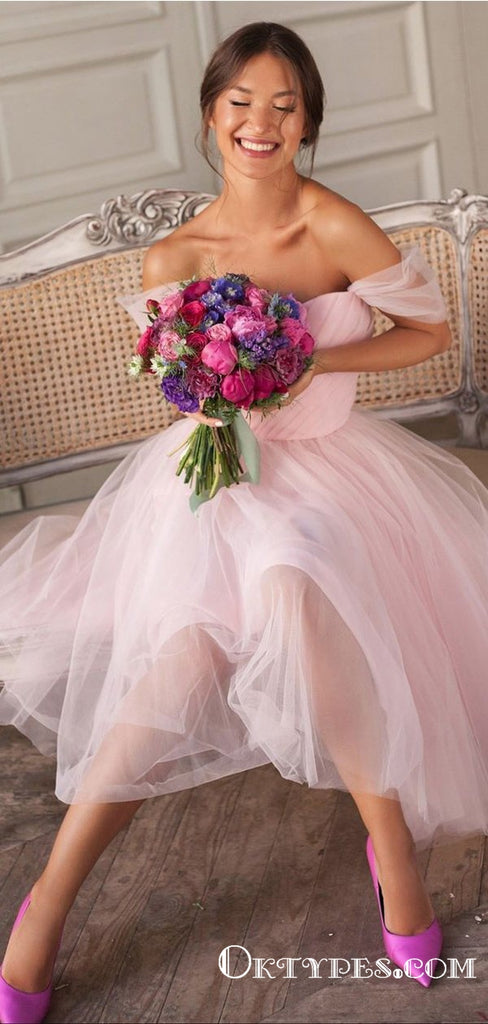 Cute Off Shoulder Pink Tulle Tea Length Short Bridesmaid Dresses, TYP2001