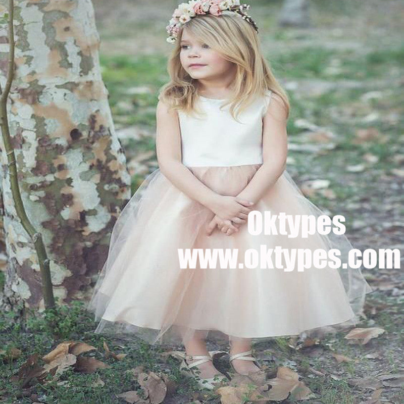 A-Line Bateau Tea-Length Blush Tulle Flower Girl Dresses, TYP0887