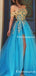 Charming Off-The-Shoulder Blue Tulle Gold Appliqued High Side Slit A-line Long Cheap Prom Dresses, PDS0029