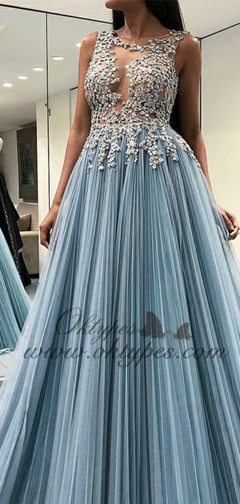 Scoop Sky Blue Open Back Long Formal Prom Dresses with Appliques, TYP1522