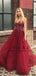 Burgundy V-neck Beading Bodice Long Tulle Prom Dresses, TYP1603