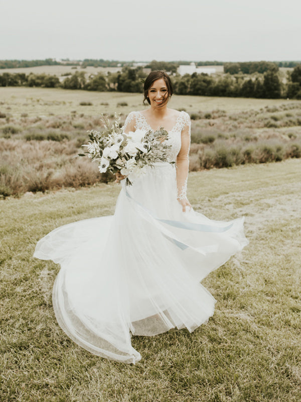 Simple V-neck Long Sleeve Tulle Long Wedding Dresses With Applique, TYP1568