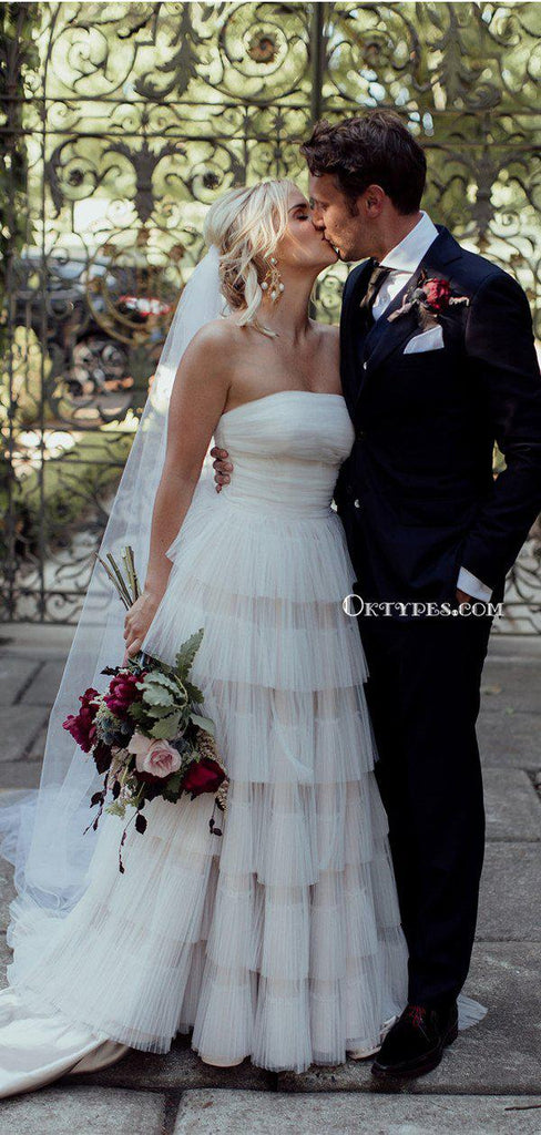 New Arrival Ivory Tulle Strapless Tiered A-line Long Cheap Wedding Dresses, WDS0023