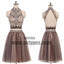 2 Pieces High Neck Rhinestone Beaded Tulle Homecoming Dresses, Short Prom Dresses, TYP0619