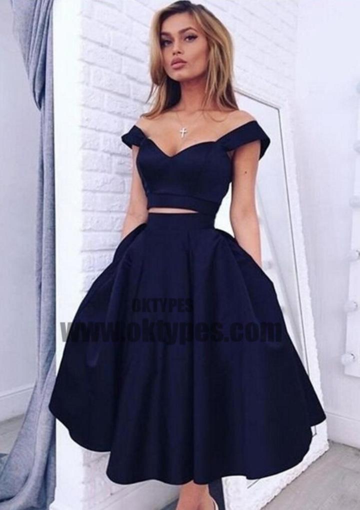 2 pieces Strap Navy A-line Sexy V-neck Homecoming Dresses, Cheap Short Prom Dresses, TYP0620