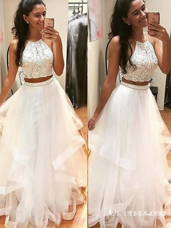 Two Piece Long A-Line Halter Sleeveless Beading Tulle Prom Dresses, TYP1127