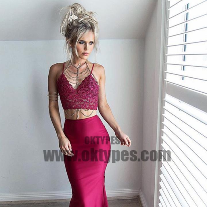 2 pieces Spaghetti Lace Top Satin Mermaid Long Prom Dresses, Sexy Prom Dresses, TYP0642