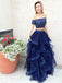 Two Piece Off the Shoulder Navy Blue Tulle Prom Dresses with Beading, TYP1269