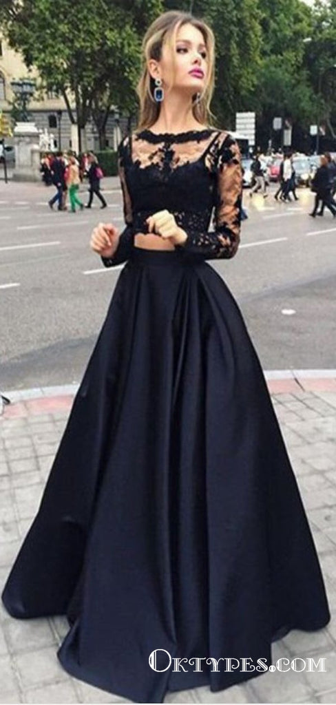 Black Two Piece Long Sleeve Prom Dresses, A-line Lace Two Piece Long Prom Dresses, Grad Dresses, Ball Gown Prom Dresses, TYP0067