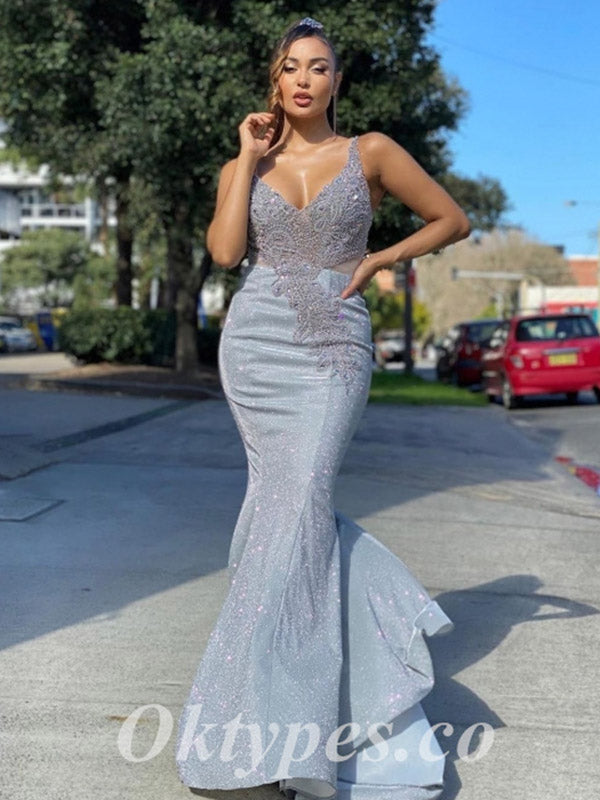 Sexy Spaghetti Straps V-Neck Sleeveless Mermaid Long Prom Dresses, PDS0862