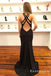 Mermaid Cross Neck Long Cheap Black Prom Dresses with Split, TYP1850