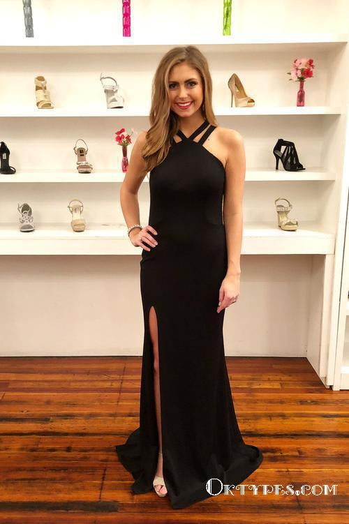 Mermaid Cross Neck Long Cheap Black Prom Dresses with Split, TYP1850