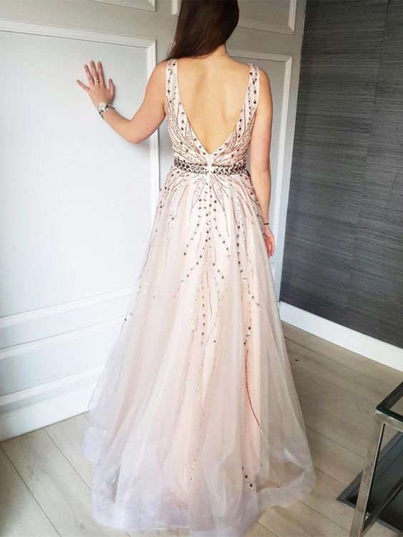 Gorgeous Unique Modest Fashion Young V-neck Neckline A-line Prom Dresses With Beads, TYP1192