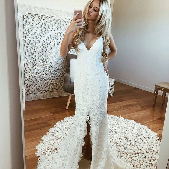 Sexy Spaghetti Straps Sleeveless White Lace Wedding Dresses with Split, TYP1111