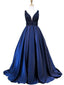 A-line V-neck Beaded Bodice Formal Dress Navy Blue Satin Long Prom Dresses 2019, TYP1221