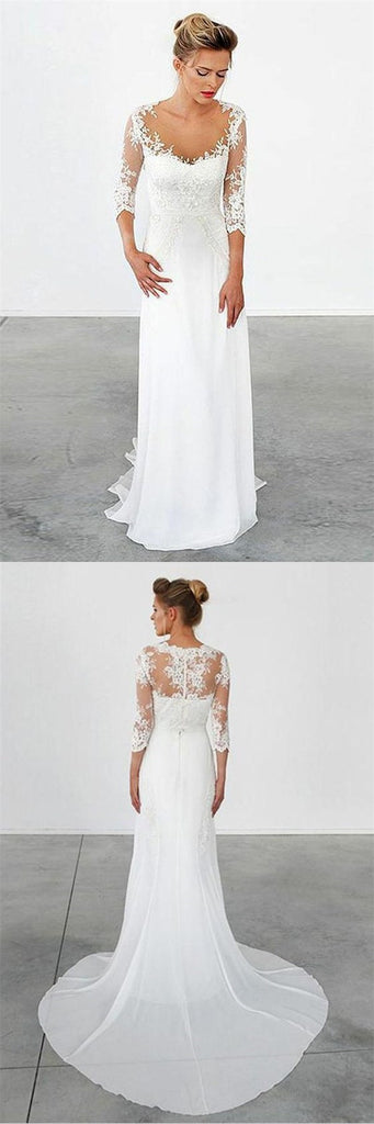 Mermaid Illusion Scoop Long Cheap Chiffon Appliques Wedding Dresses with Sleeves, TYP1036