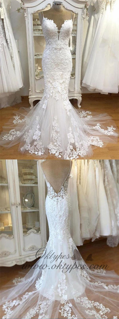 Spaghetti Strap Lace Mermaid Tulle Applique Ivory Wedding Dresses, TYP1481