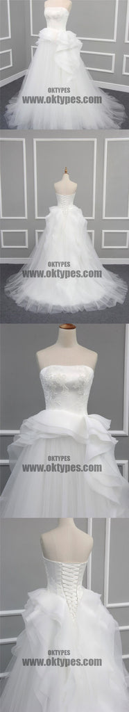 Straight Neckline Off White Lace Top A-line Tulle Gorgeous Lace Up Wedding Dresses, TYP0600