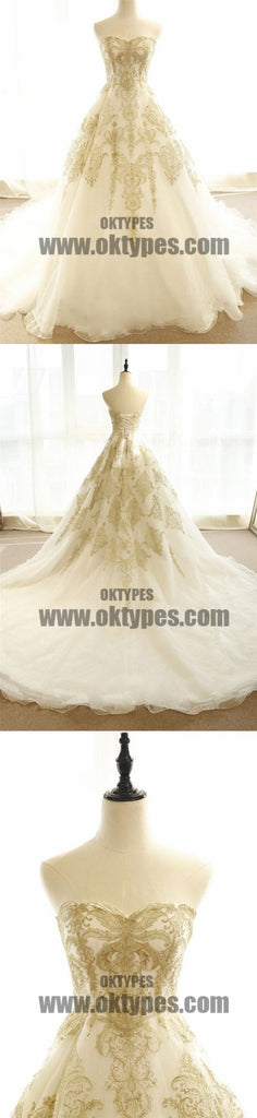 Chic Wedding Dresses Ivory Gold Appliques Sweep/Brush Train Bridal Gown, TYP0682