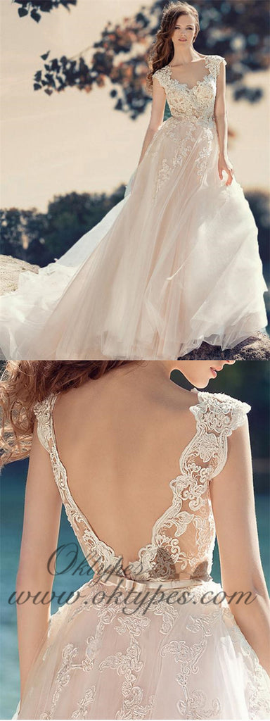 Lace Straps Brush Train Appliques Beautiful Simple Wedding Dresses, TYP1489