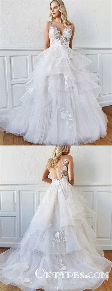 Romantic A-Line V Neck Open Back Tiered White Tulle Long Wedding Dresses, TYP1947