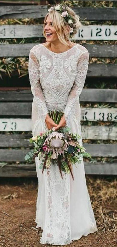 Long Sleeve Ivory Lace See Through Backless Boho Wedding Dresses, TYP1245