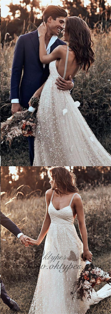 Open Back Straps Long Train A-line Lace Simple Bridal Gown Wedding Dresses, TYP1375