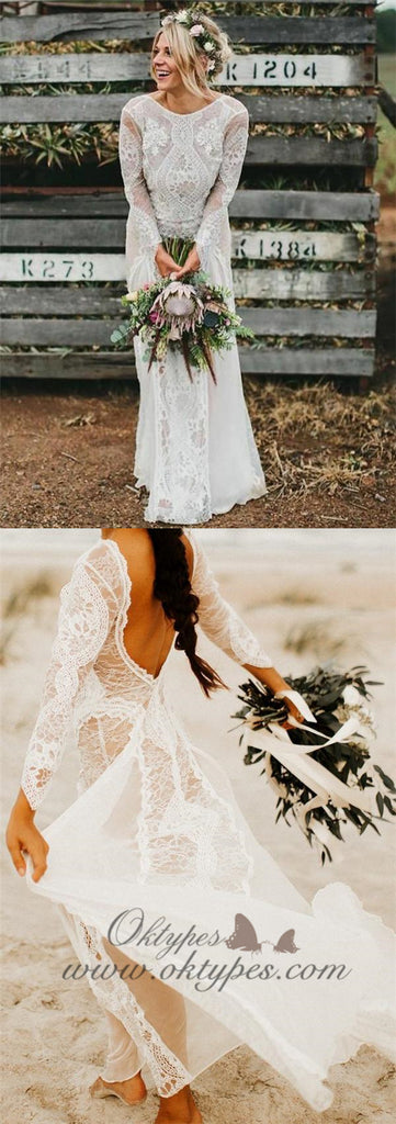 Long Sleeve Ivory Lace See Through Backless Boho Wedding Dresses, TYP1245