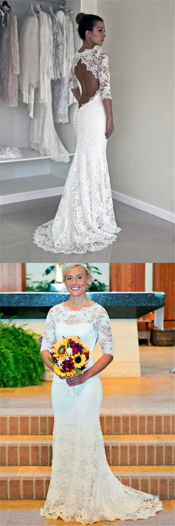 Sexy Mermaid White Scoop Half Sleeves Long Cheap Lace Wedding Dresses Online, TYP1058