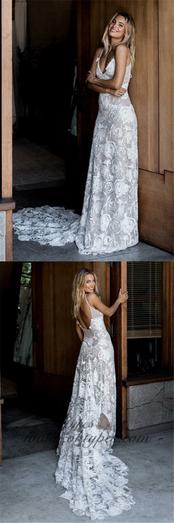 A-Line Spaghetti Straps Court Train Ivory Backless Lace Wedding Dresses, TYP1372